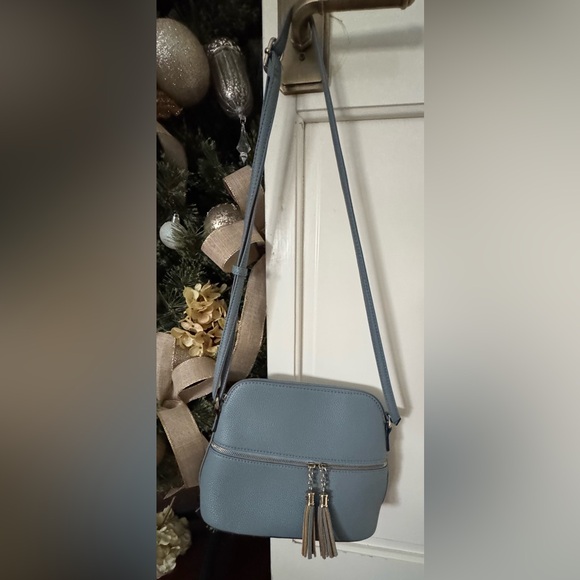 Handbags - Elegant Blue Crossbody Bag with leopard lining and tassle zippers